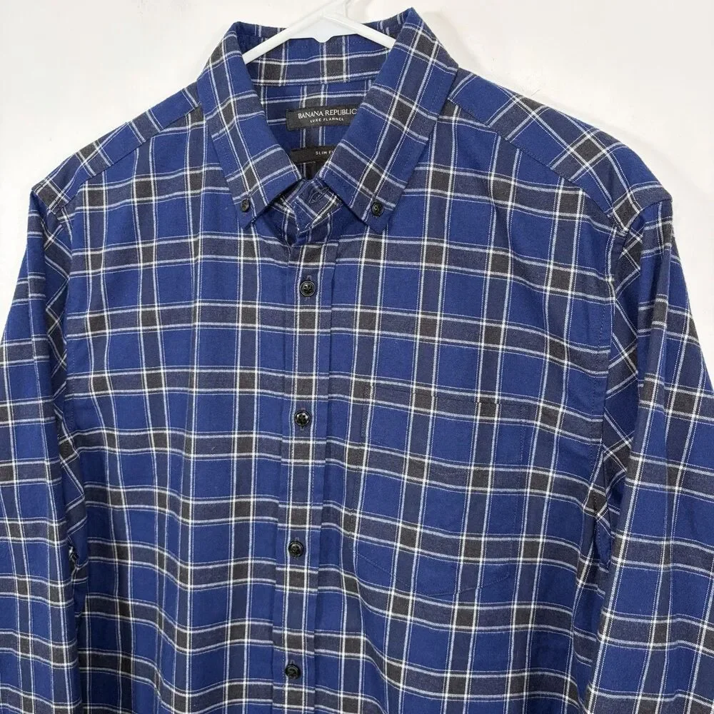 Banana Republic Luxe Flannel Slim Fit Button Down Shirt Mens Blue Black Plaid